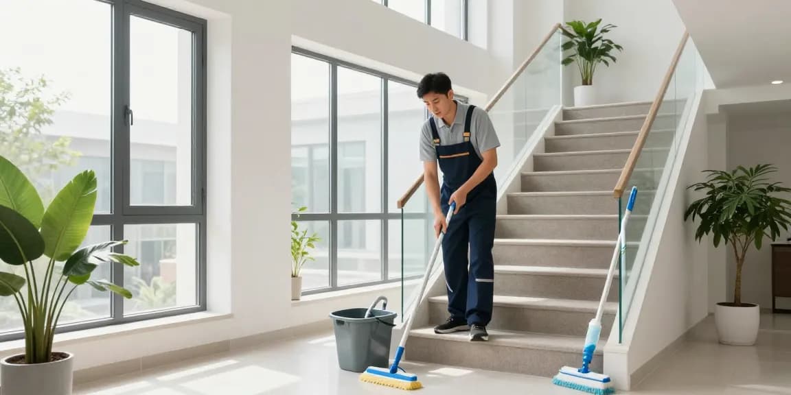 Professionelle Treppenhausreinigung Dortmund mit umweltfreundlichen Reinigungsmitteln, Sauberkeit und Hygiene betonen.