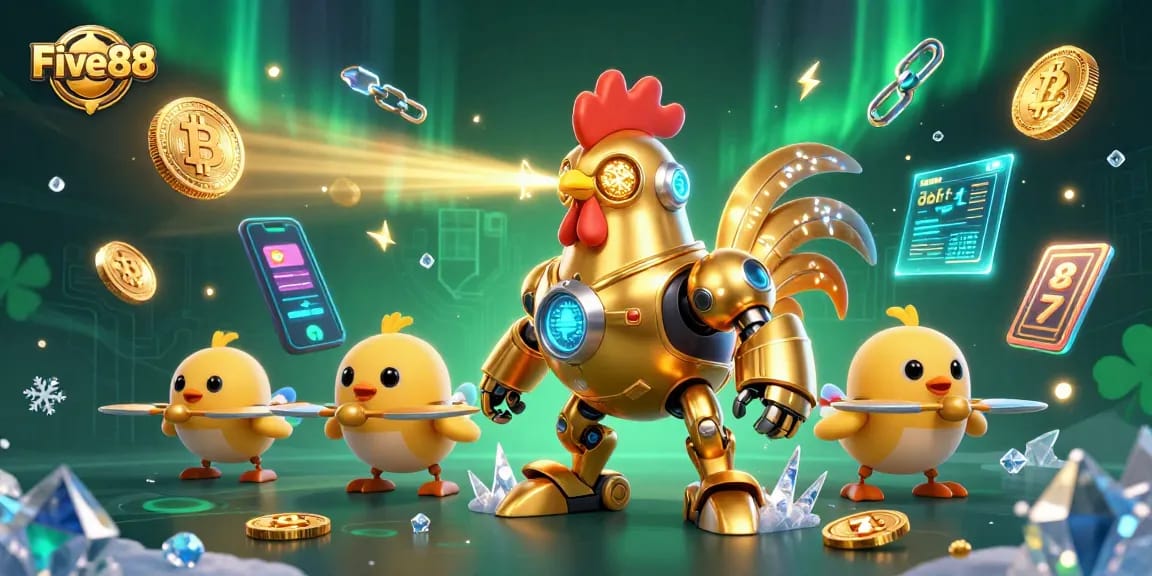 Experience the excitement of Five88 with our golden robot and crypto elements, enhancing your gaming journey.