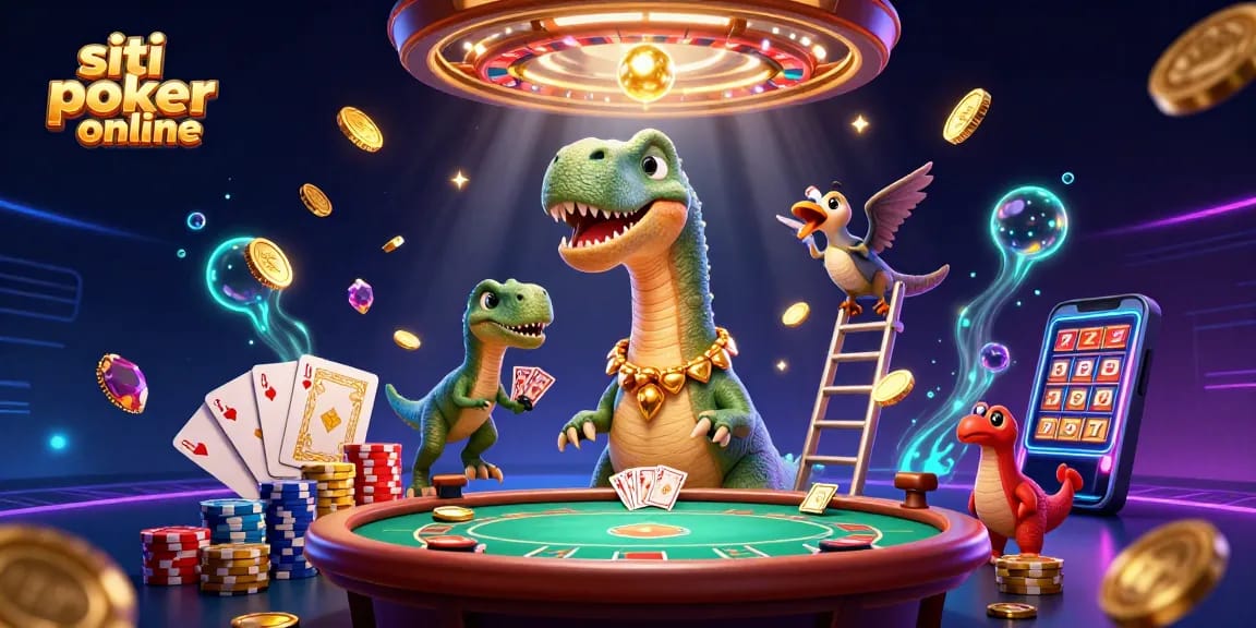 Gioca a poker online nei migliori siti poker online, con un brontosauro e un raptor in un vivace casinò.