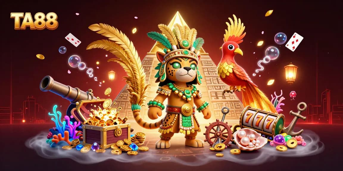 TA88 showcases a vibrant casino world with a Mayan jaguar priest, dynamic slot elements, and rich underwater treasures.