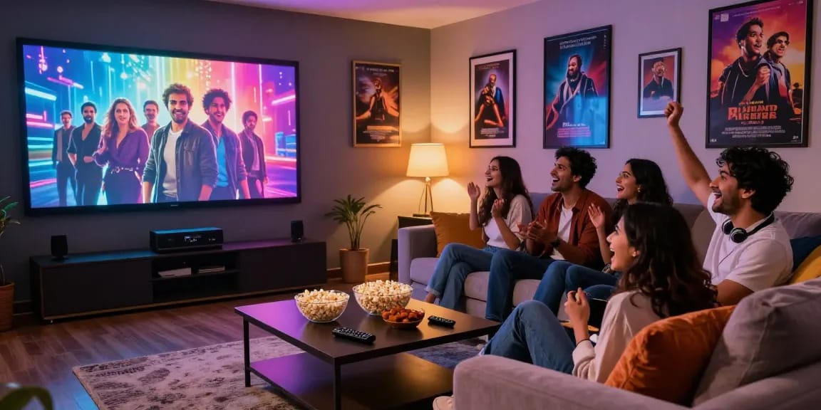 Bolly4u org movie streaming scene with friends enjoying a Bollywood film together in a vibrant home theater.