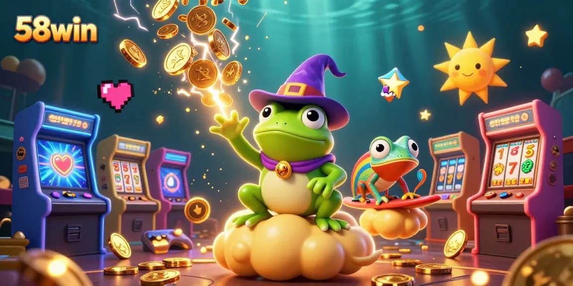 Play slots at 58win while a wizard frog conjures golden coins and a chameleon surfs clouds.