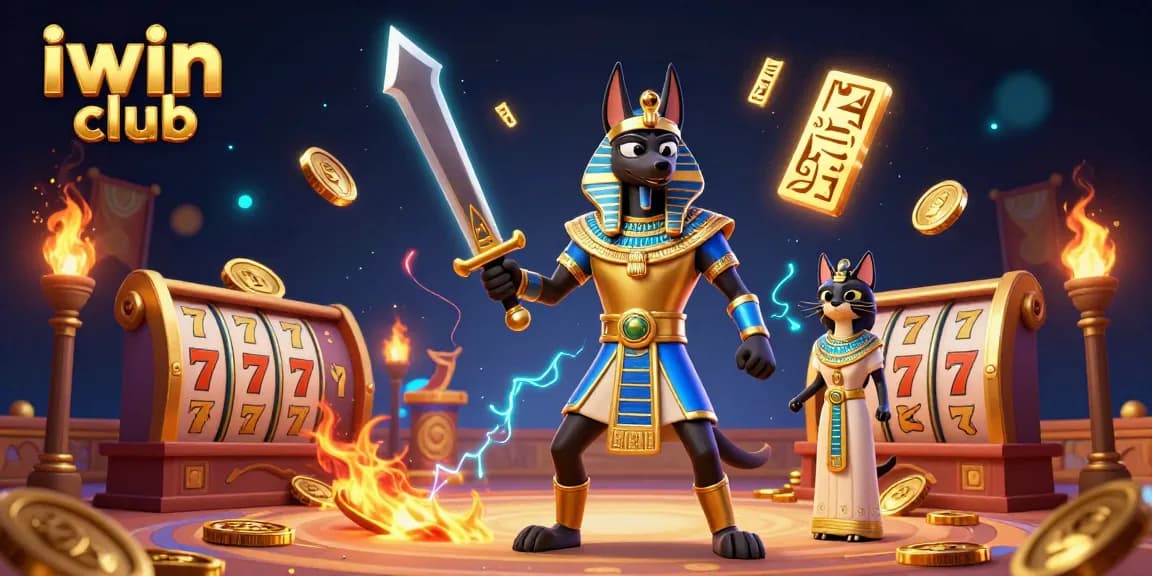 Win big with iwin club in an exciting casino illustration featuring Anubis and Bastet.