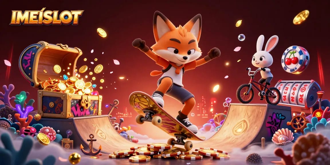 Experience the excitement of IMEISLOT with a dynamic 3D casino scene featuring a skateboarder fox and BMX rabbit.