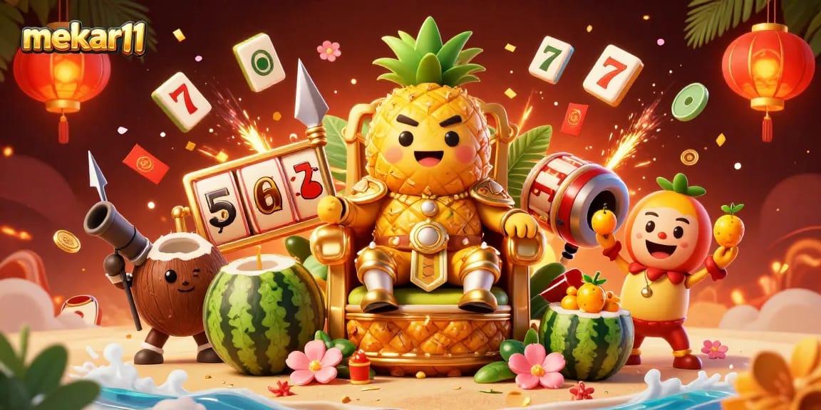 Play exciting games at mekar11 with a vibrant casino scene featuring a golden pineapple king.