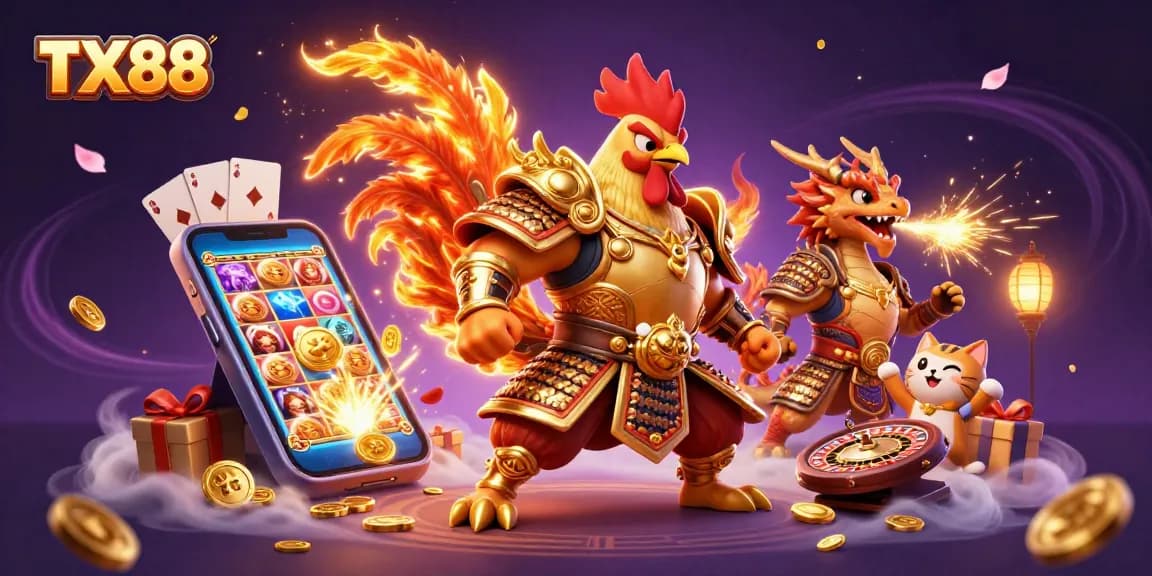 TX88 showcases exciting gaming elements with fighting rooster, dragon, and vibrant casino items.