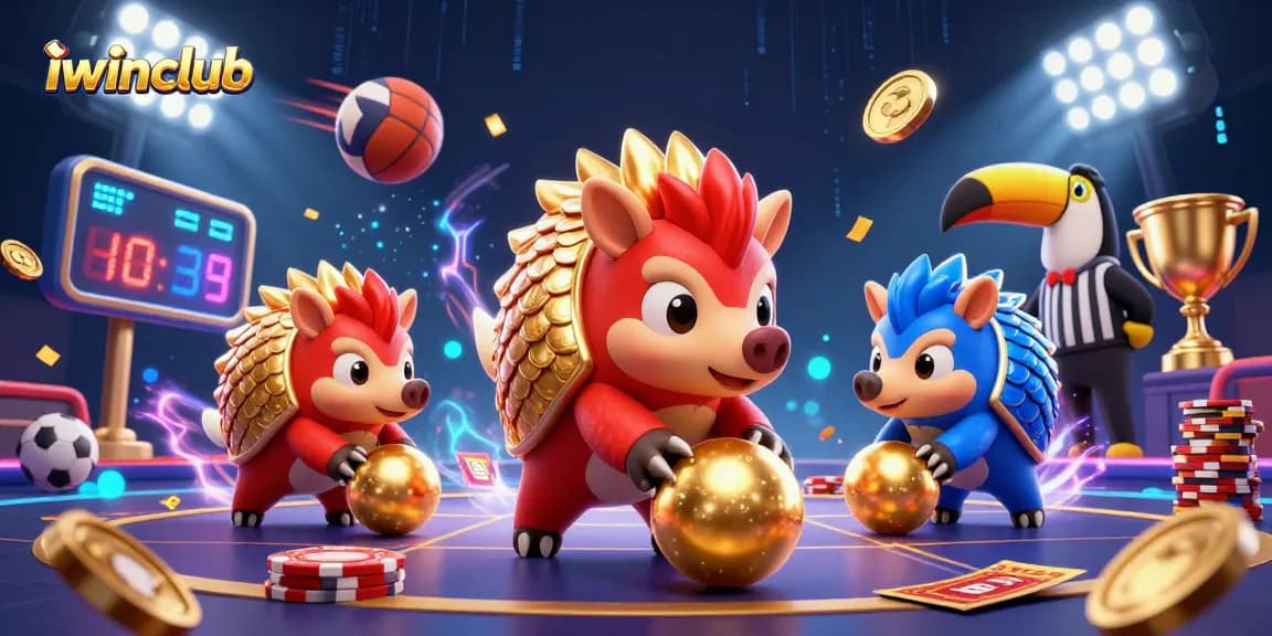 Engage with iwinclub through an energetic 3D illustration featuring cartoon pangolins competing in a casino-themed game.