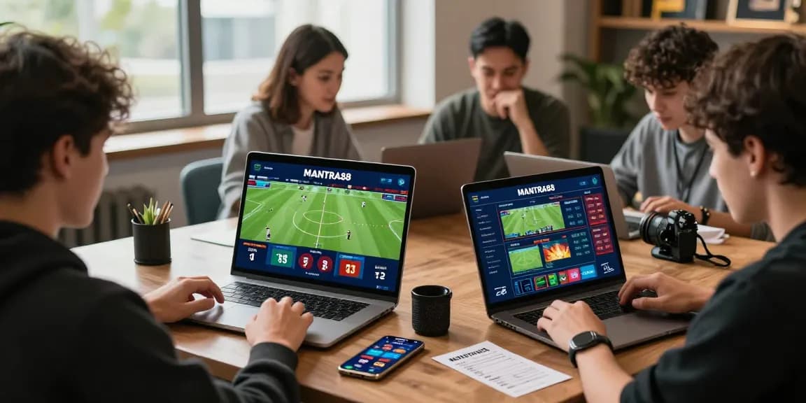 Players enjoying online betting on MANTRA88, engaging in various games with screens showing live odds and excitement.