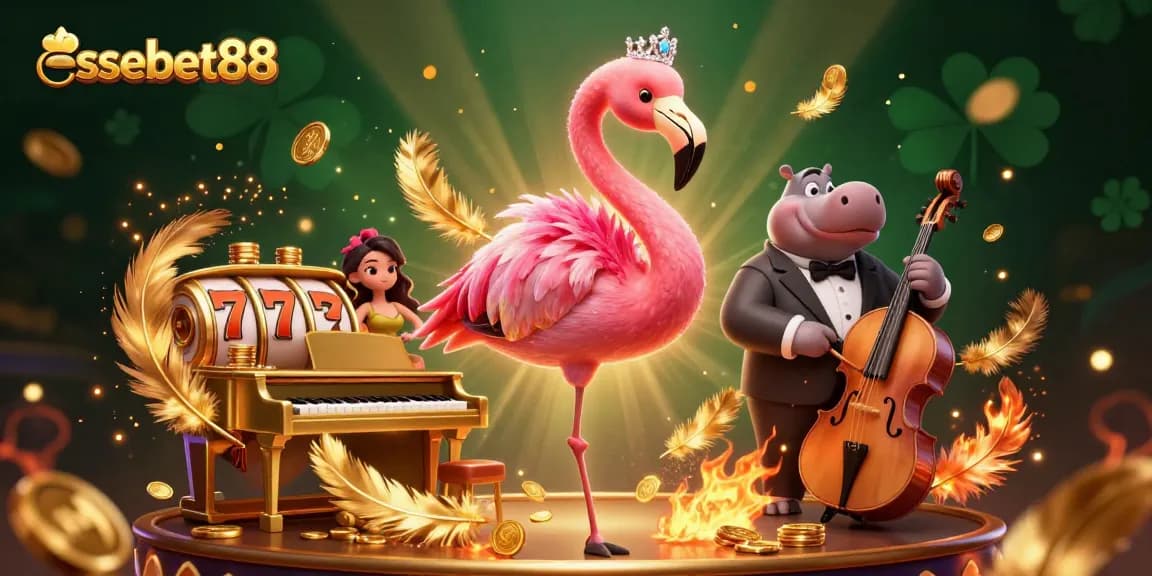 Experience the vibrant energy of essebet88’s casino scene featuring a flamingo singer and hippo bassist.