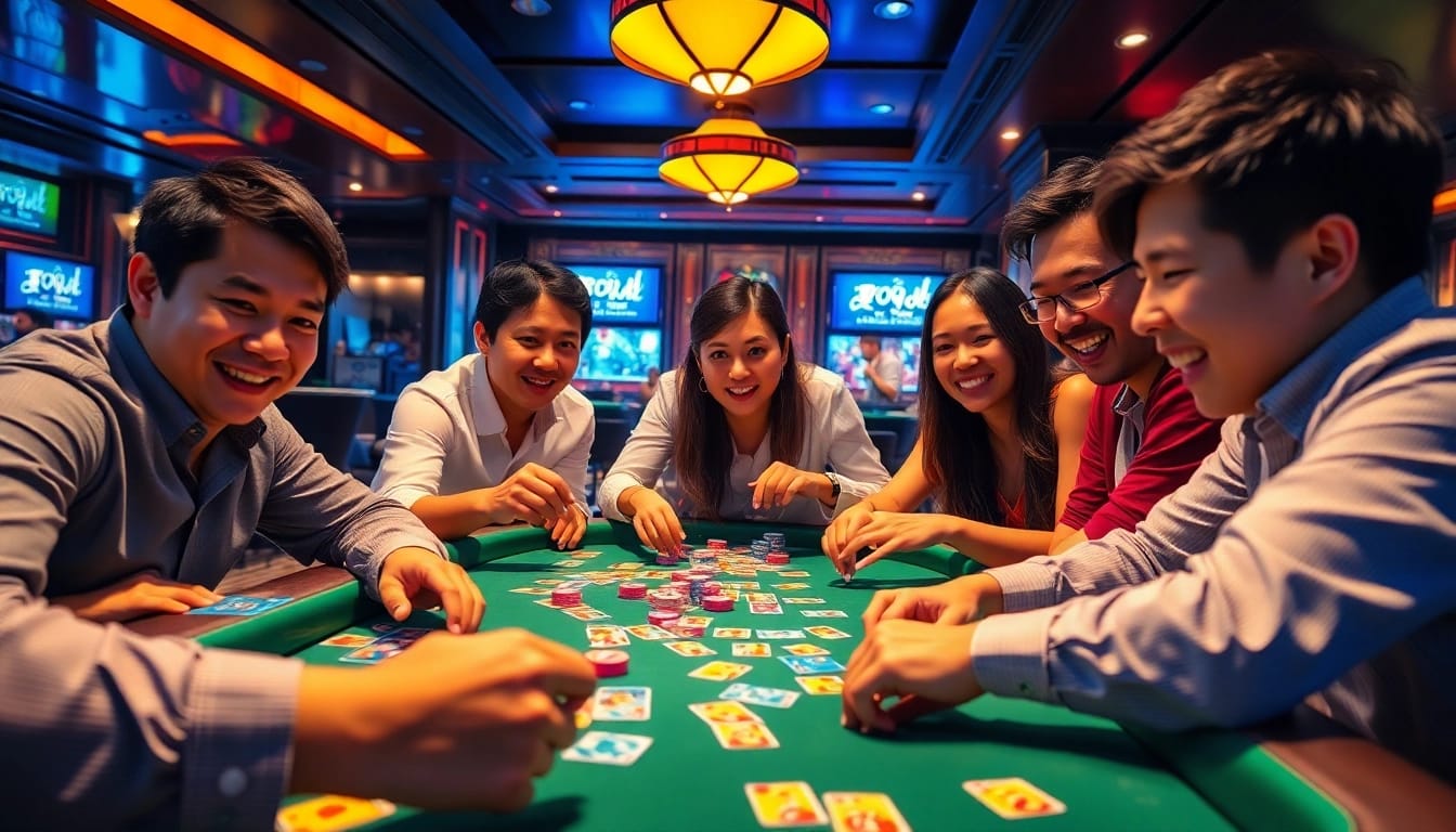 Pemain asyik bermain situs hk pools dalam suasana yang meriah dengan kartu berwarna-warni.