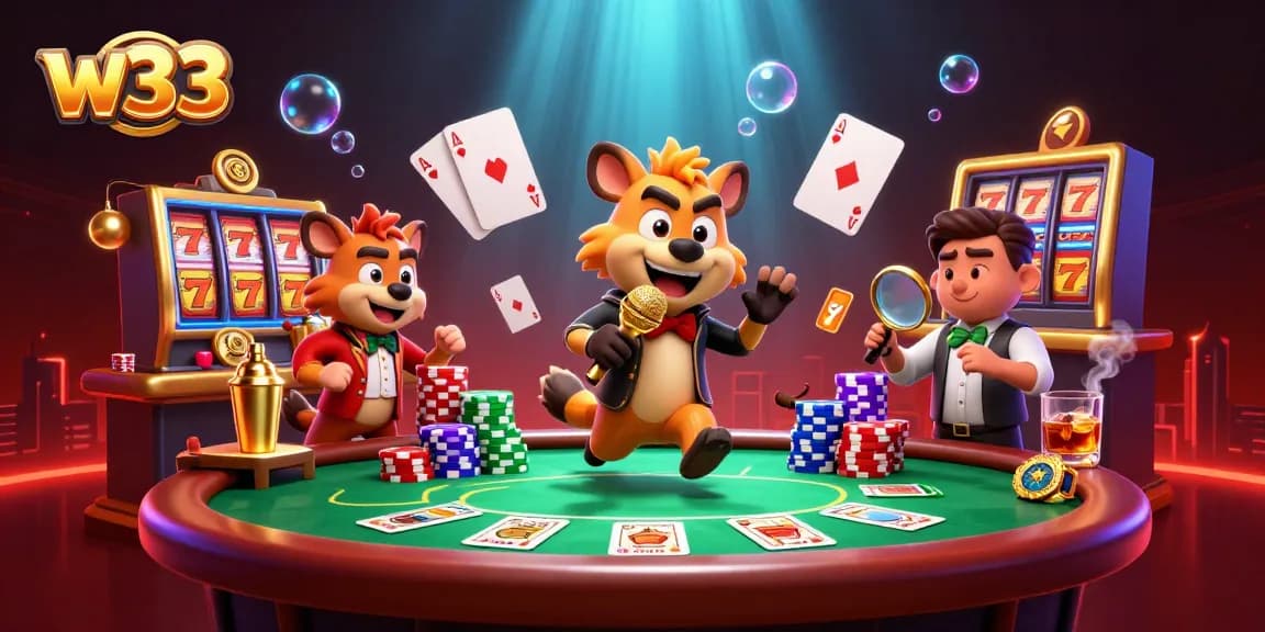 Join the fun with w33 themed pokies as hyenas animate a vibrant casino scene.