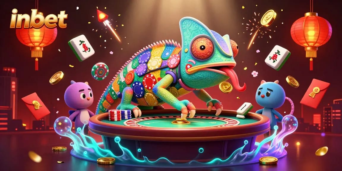 Engage with inbet's vibrant casino world featuring a chameleon casino owner and animated gaming elements.