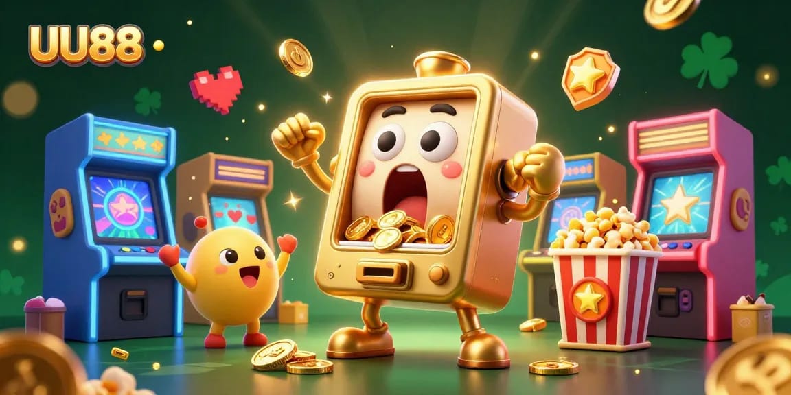 Winning big at UU88 with a lively scene of a golden slot machine celebrating jackpot wins among cheering baby slot machines.