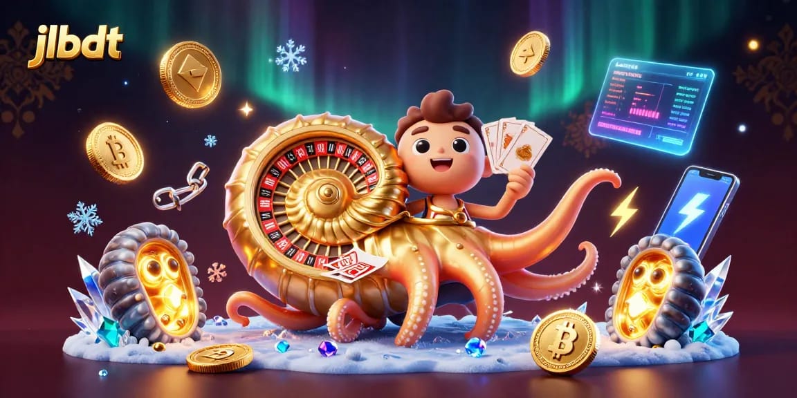 Engage in thrilling gameplay with jlbdt, featuring a giant nautilus and glowing cryptocurrency coins in a vibrant casino setting.