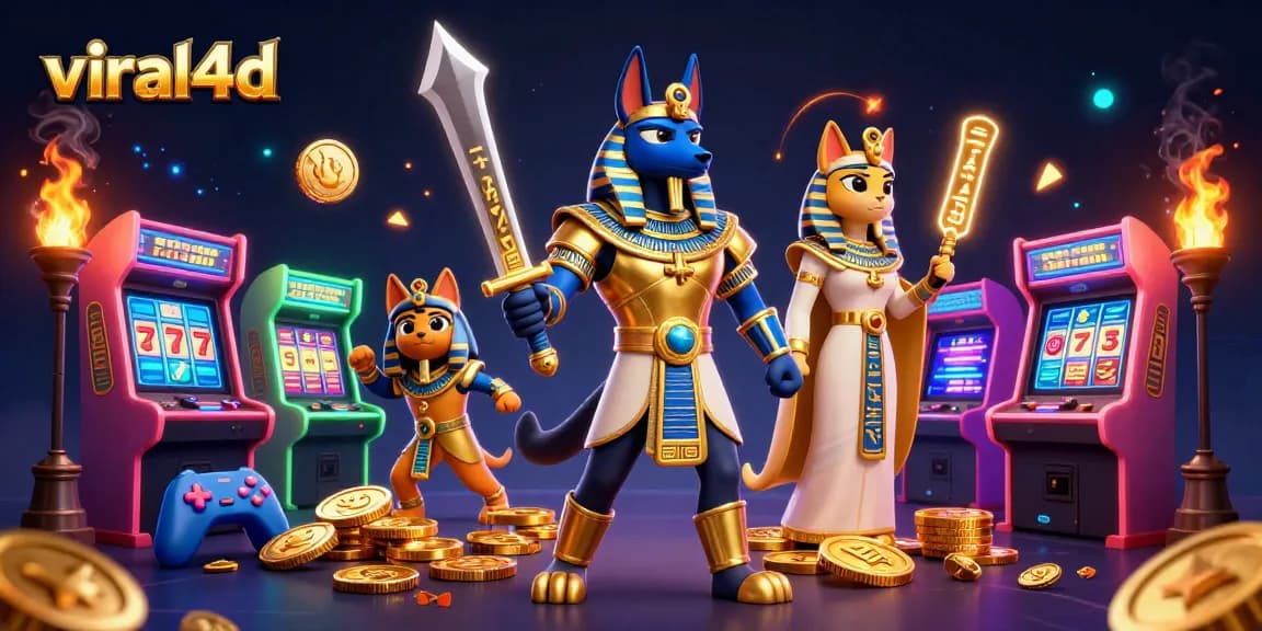 Menggambarkan permainan slot viral4d dengan Anubis dan Bastet dalam suasana kasino yang kaya dan penuh warna.