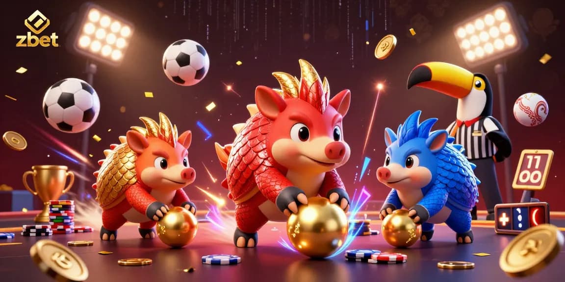 Engage with zbet's thrilling atmosphere as pangolins battle while rolling golden balls amidst sports action.