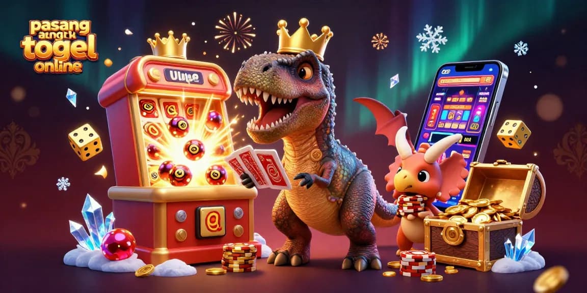 Engage in pasang angka togel online with a colorful, action-packed 3D illustration of a T-Rex card shuffling.