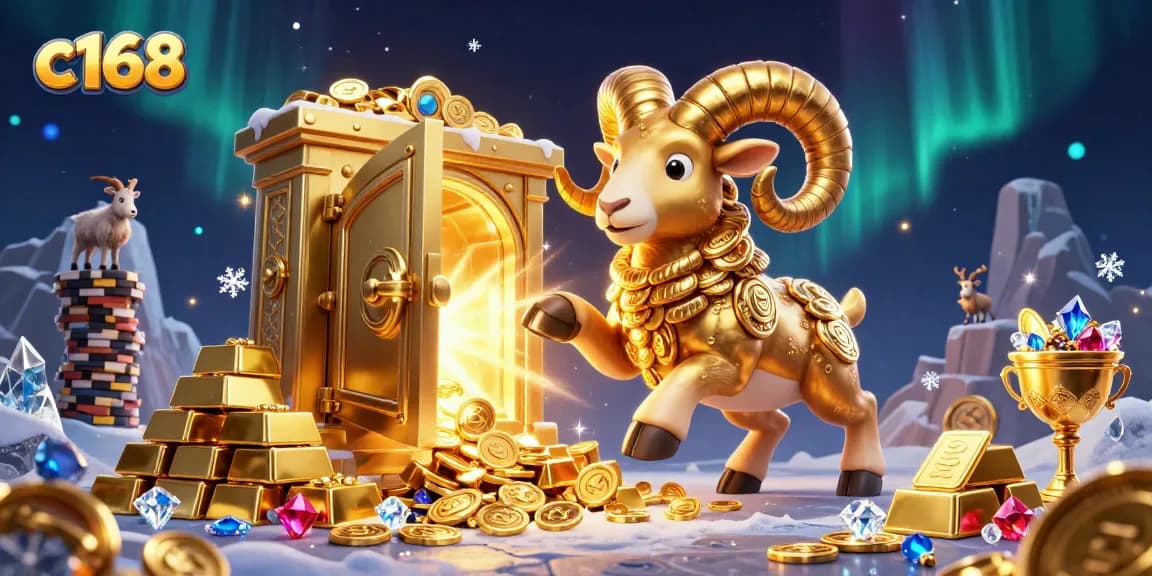 c168 showcases a vibrant casino atmosphere with golden elements and a powerful ram symbolizing fortune.