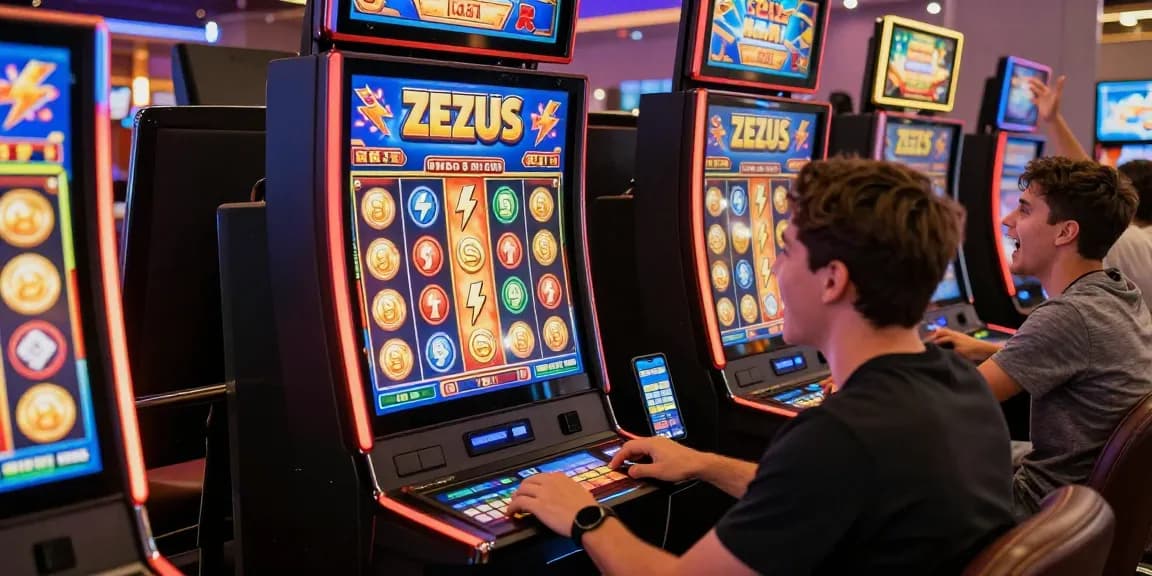 Excited player enjoying the zeus slot game in a vibrant casino setting filled with online gaming devices.
