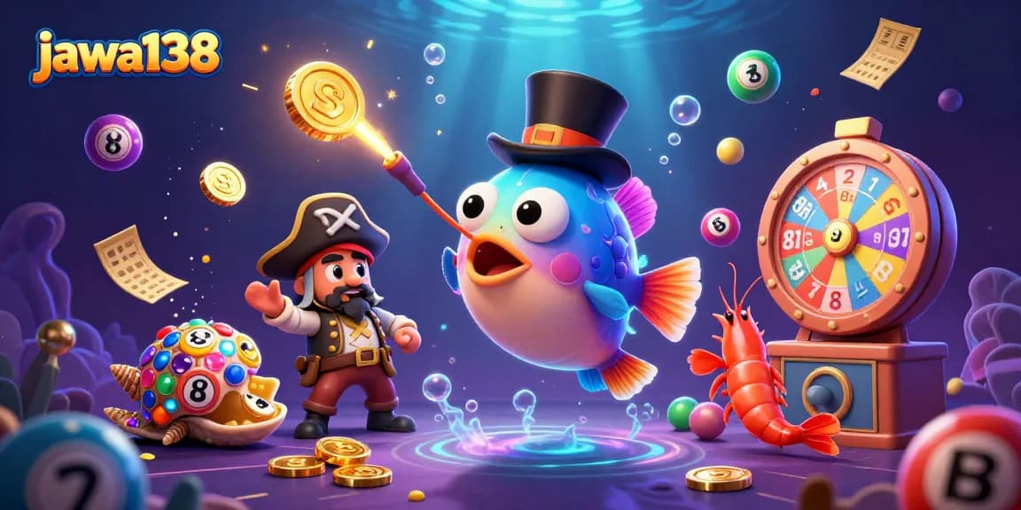 Gambarlah suasana menarik di jawa138 dengan ikan pemancing angker, udang bajak laut, dan siput laut berhiaskan permata.