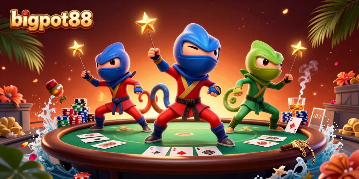 bigpot88 showcases a vibrant scene of ninja chameleons amid poker elements, captivating players.
