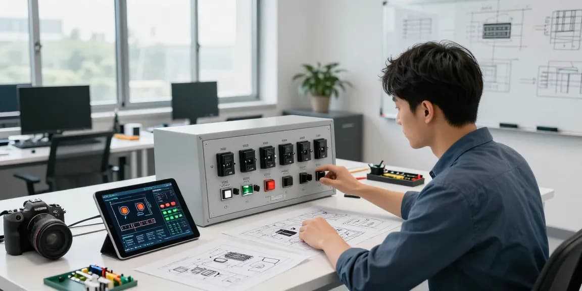 Engineer examining panel switches in a modern tech workspace, showcasing innovative designs and performance metrics.