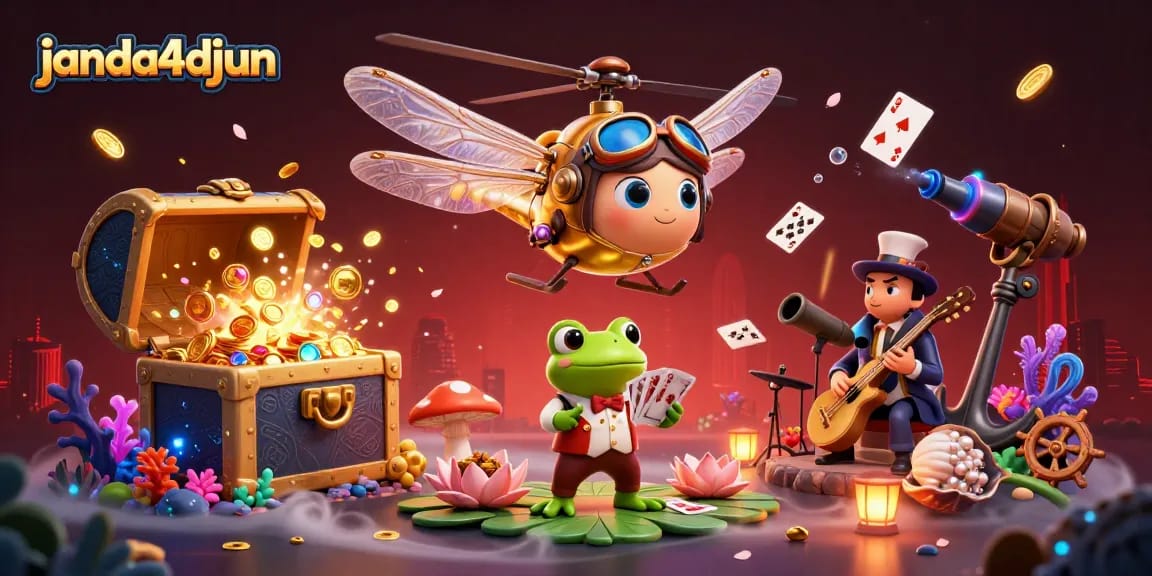 Visualisasi dinamis janda4djun dengan dealer katak dan pemain jazz di kasino, menggoda pemain taruhan.