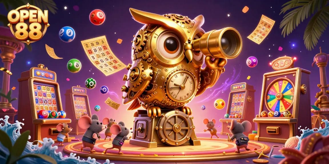 Engage with OPEN 88’s vibrant casino scene featuring a golden owl and lively gaming elements.