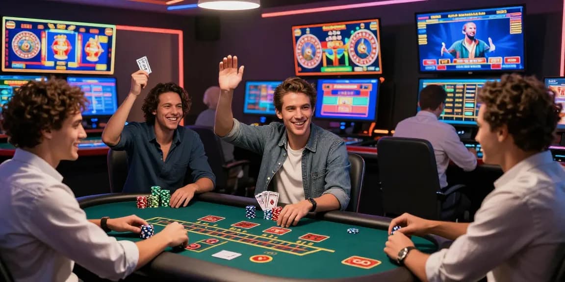 Scène de joueurs enthousiastes sur un casino en ligne, mettant en valeur l'excitation du jeu en ligne avec des machines à sous et des croupiers en direct.