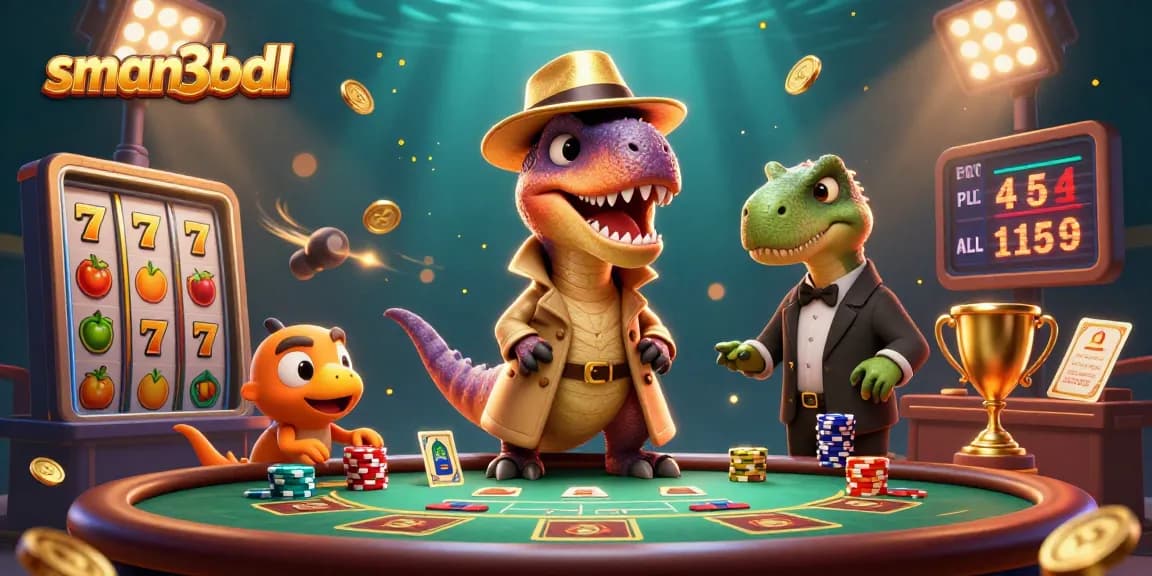 Ilustrasi 3D sman3bdl menampilkan velociraptor kartu dan pit boss di meja blackjack.