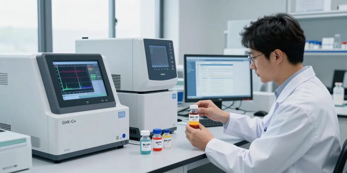 Scientist analyzing KLOW stack components in a modern laboratory setting with advanced equipment.