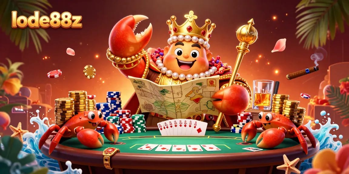 Play with lode88z as the golden crab emperor rules over a vibrant casino scene filled with chips and cards.