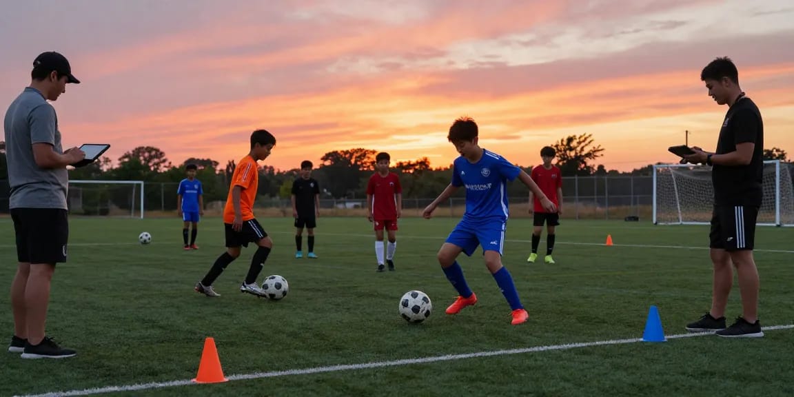Fußball bestellen: Junge Spieler trainieren mit Mantom Bällen auf dem Feld.