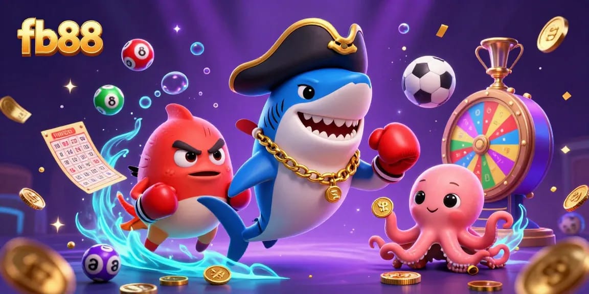 Catch the excitement with fb88’s thrilling sports betting scene featuring a pirate shark, animated creatures, and vibrant game elements.
