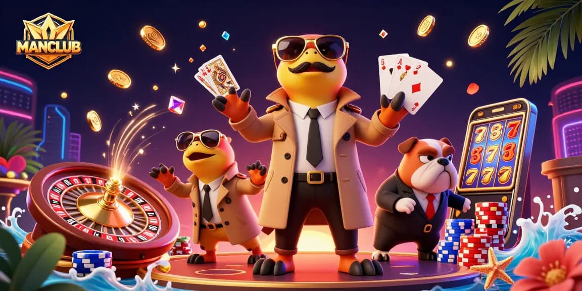 Enter the VIP area of Manclub, where raptors in disguise interact with a suspicious bulldog bouncer amidst sparkling casino elements.