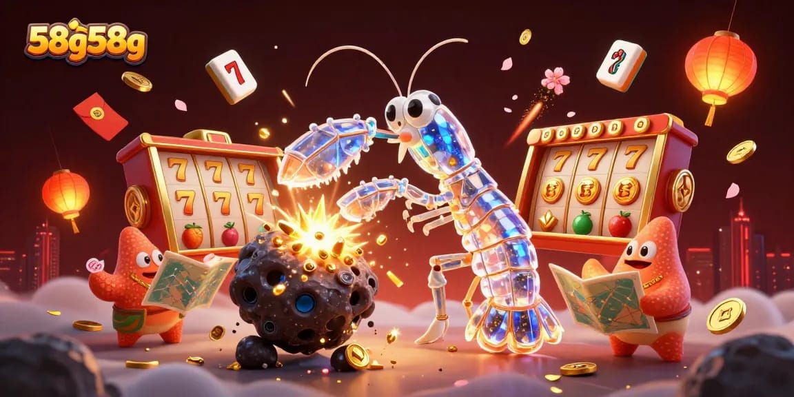 O 58g58g traz um caranguejo samurai cósmico em batalha com asteroides, cercado por elementos de caça-níqueis e lanternas.