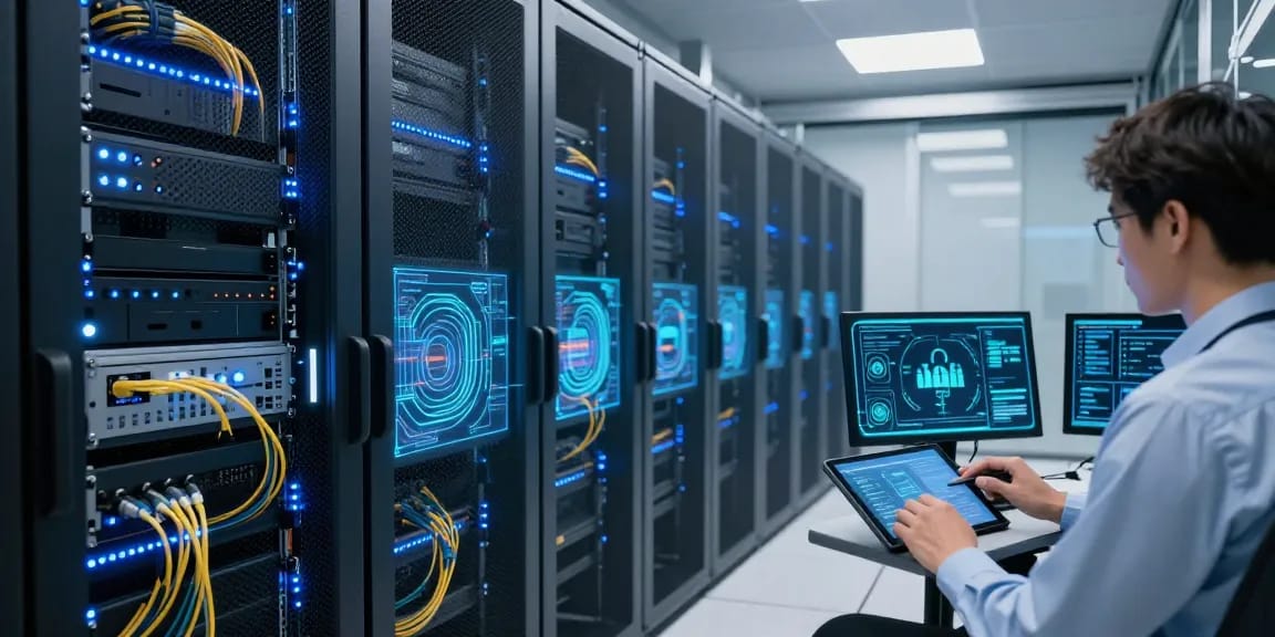 Vue technologique d'un centre de données avec Iron tv et solutions de cybersécurité.