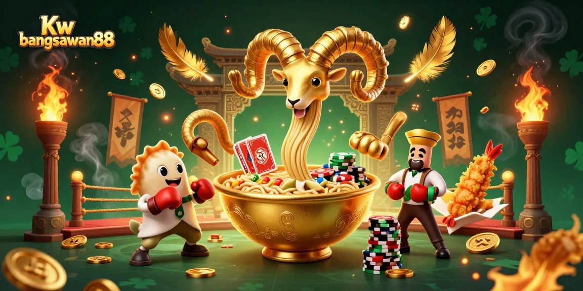 Kw bangsawan88 lively scene featuring a giant golden ramen bowl dealer and dynamic casino elements