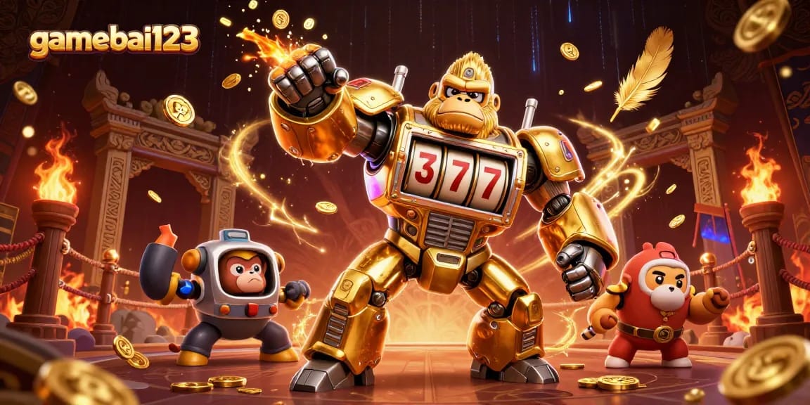 Engage with thrilling action in gamebai123 featuring a golden gorilla mech amidst casino elements.