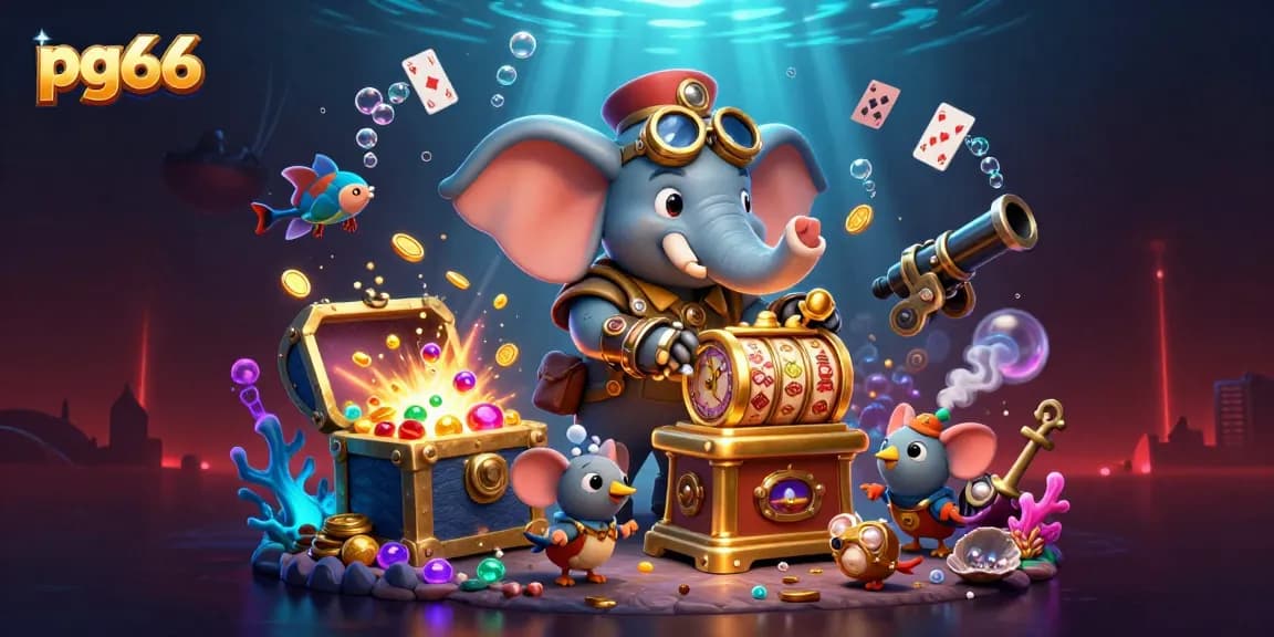 Experience thrilling wins at pg66 with an exciting scene of a steampunk elephant operating a golden slot machine.