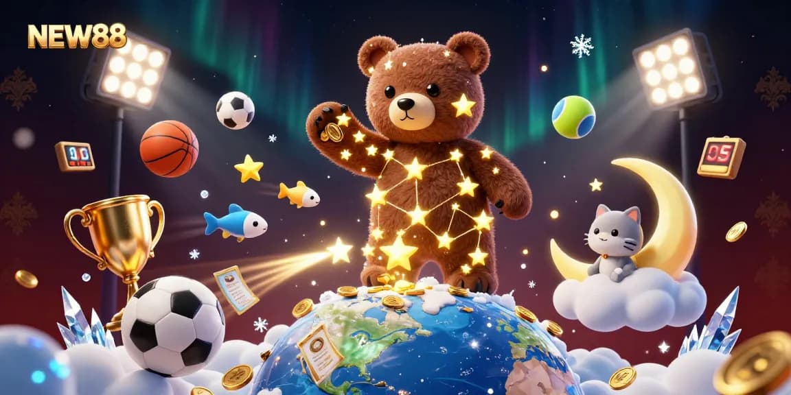 Win big with NEW88 as a constellation bear scoops coins amid dynamic sports betting elements.