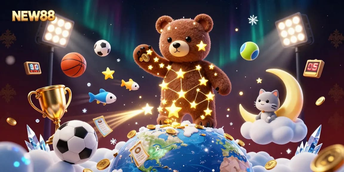 Win big with NEW88 as a constellation bear scoops coins amid dynamic sports betting elements.