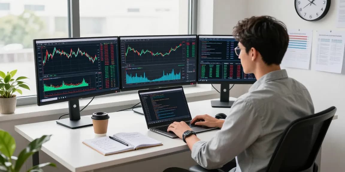 Trader using MetaTrader 5 on multiple screens in a modern financial workspace.