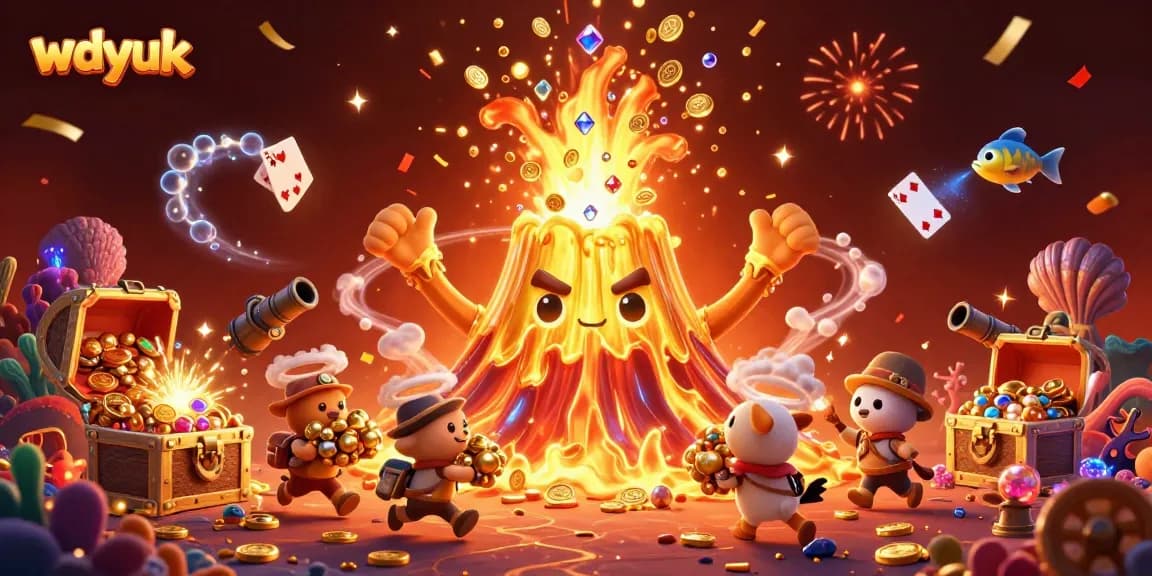 Experience thrilling wins at wdyuk with golden volcano erupting in treasure-filled fantasy scene!