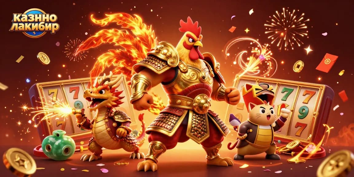 Win big at казино лакибир with a powerful rooster warrior and dragon hatchling in a dynamic celebration.