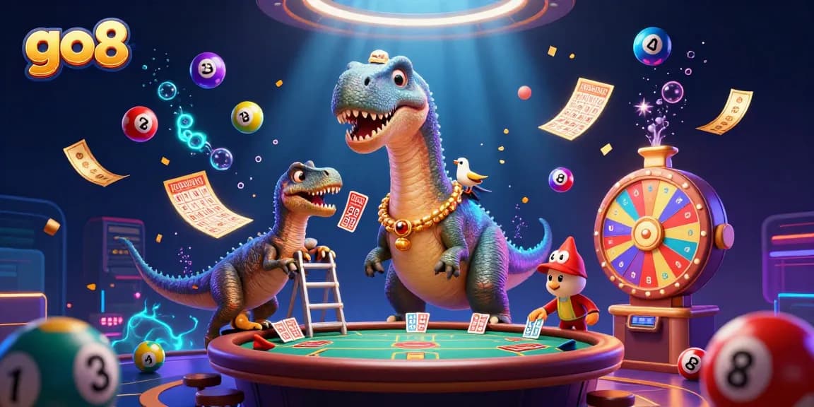 Engage with vibrant casino fun at go8, featuring a playful dinosaur and dynamic lottery elements.