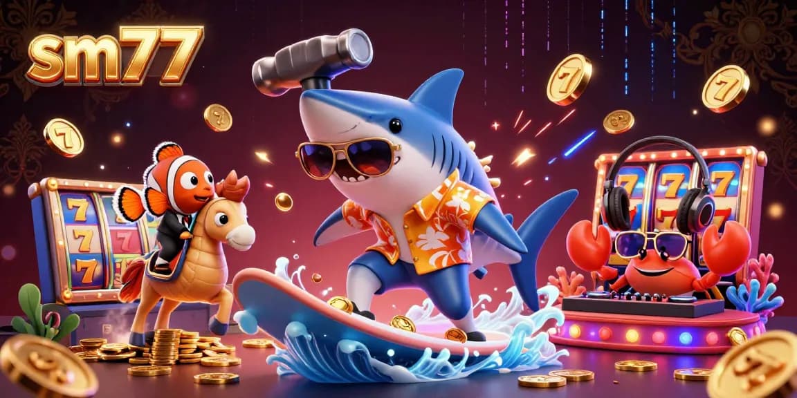 Engage in thrilling sm77 online casino excitement with a vibrant scene of games, characters, and rich visuals.