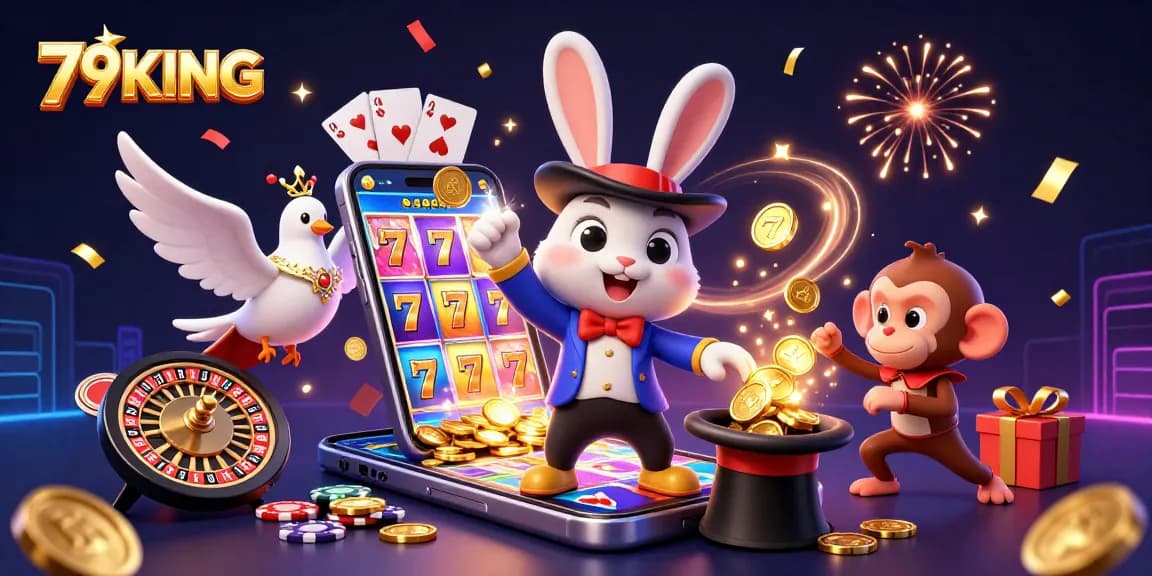 79KING offers an exciting experience with vibrant illustrations of a magician and casino elements.