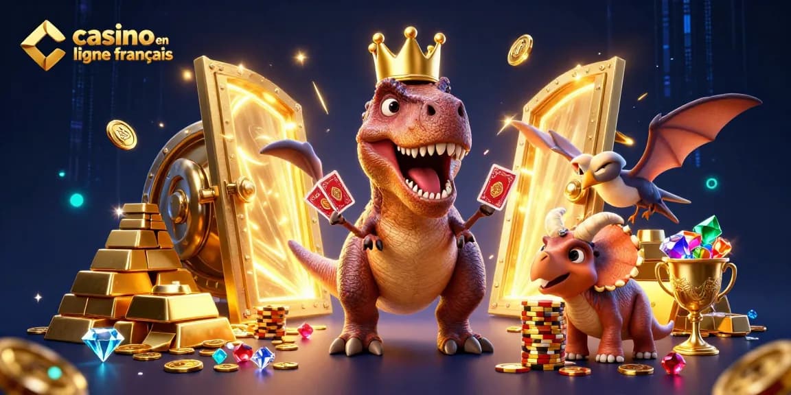 Jouez au casino en ligne français et découvrez une scène dynamique avec des personnages élaborés autour de trésors et de jeux de cartes.