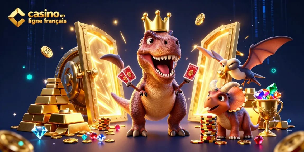 Jouez au casino en ligne français et découvrez une scène dynamique avec des personnages élaborés autour de trésors et de jeux de cartes.